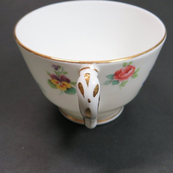 Crown Staffordshire Tea Cup & Saucer fine bone china Rose Pansy Gold Rim - Picture 9 of 16